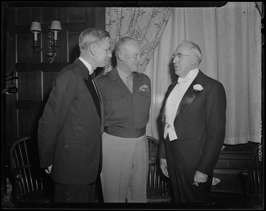 General Eisenhower talking to Harvard President, James Bryant Conant, and Boston University President, Daniel Marsh