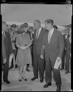 Vice President Lyndon Johnson with Governor Endicott Peabody and talking with a woman