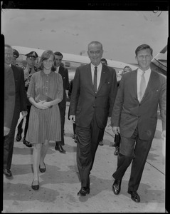 Vice President Lyndon Johnson and Governor Endicott Peabody and a woman walking