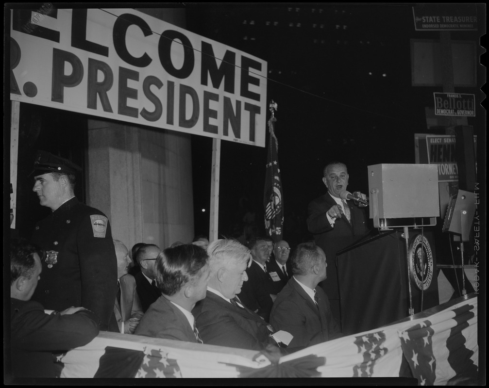 President Johnson addressing the crowd from a stage in Post Office Square