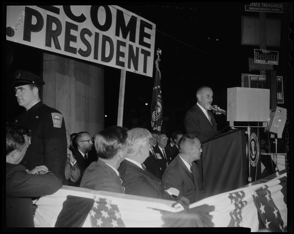 President Johnson addressing the crowd from a stage in Post Office Square