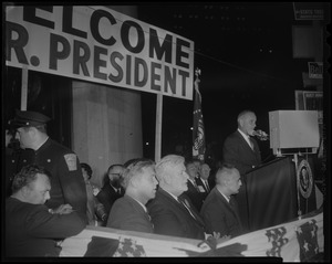 President Johnson addressing the crowd from a stage in Post Office Square