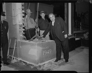 Edward R. Mitton laying the cornerstone for the Jordan Marsh Building