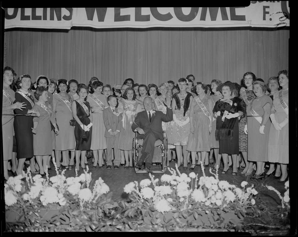 John F. Collins with admirers and his wife Mary, and children Patricia and John at a Bradford Hotel reception