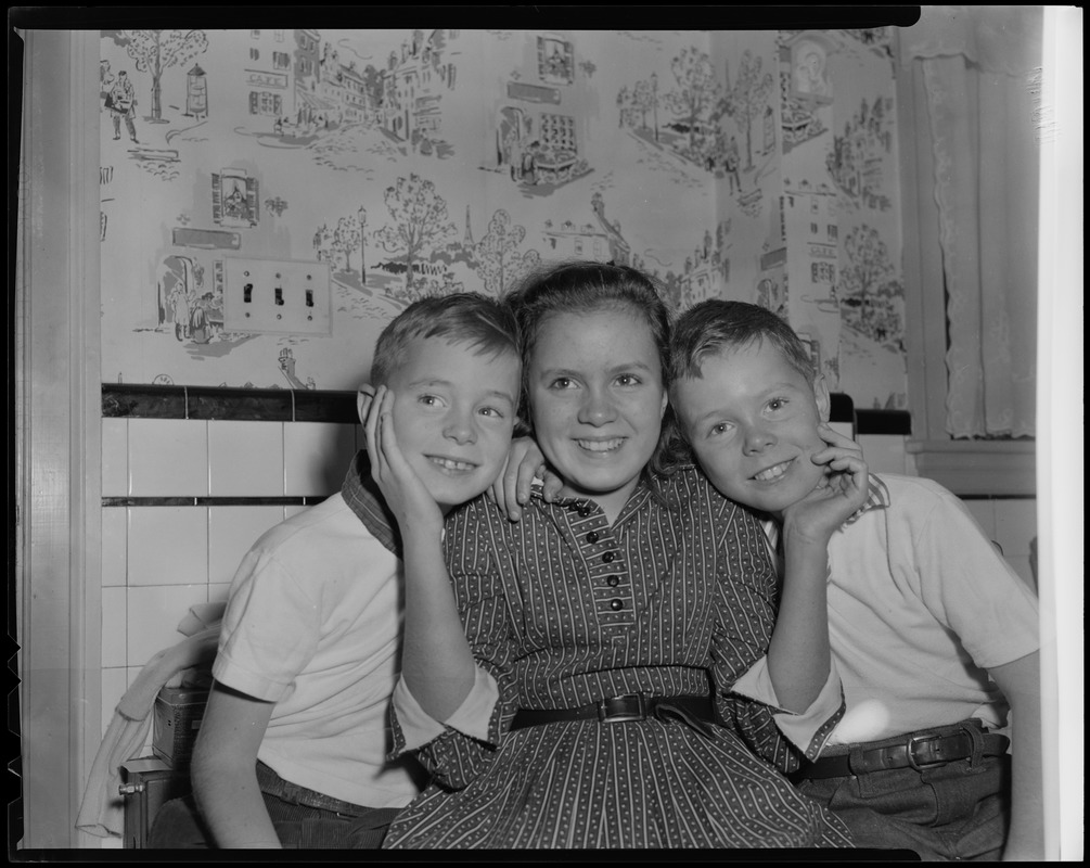 Mayor-elect John F. Collins's children, Thomas, Patricia, and John, Jr. Collins posing