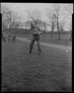 James M. Curley takes a swing on the green