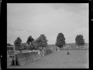 Audrey on horse, jumping a wooden wall