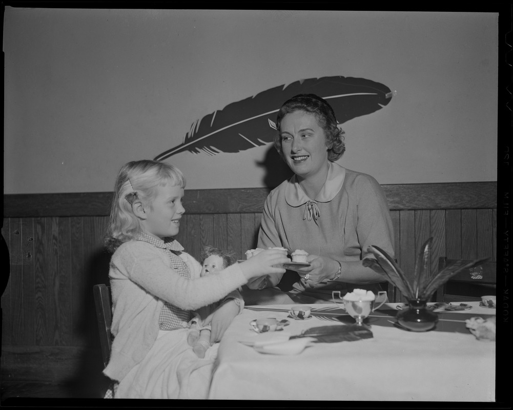 Mrs. Edward Mitton of Brookline is the guest of Miss Nancy Geysen at a "Little Housekeeper's Tea" at the Girls Club of Boston in Charlestown