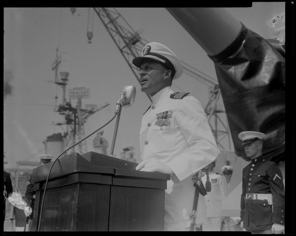 Captain Glover T. Ferguson speaking at the U.S.S. Boston change of command ceremonies at Charlestown Navy Yards