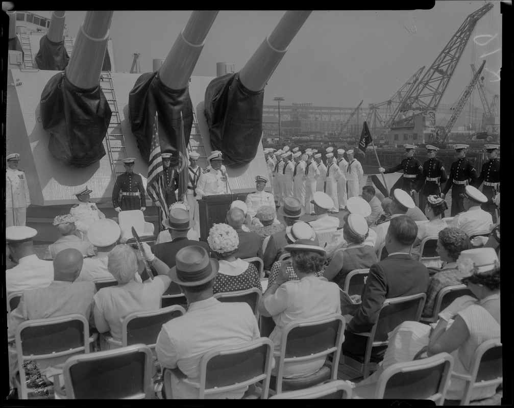 A crowd of people attending the change of command ceremonies at Charlestown Navy Yard, Captain Glover T. Ferguson, acceding command of the U.S.S. Boston from Captain Joseph F. Enright