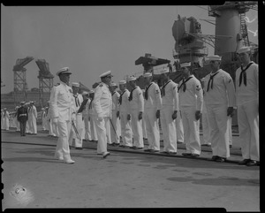 Two officers inspecting ship's company during U.S.S. Boston change of command ceremonies at Charlestown Navy Yards
