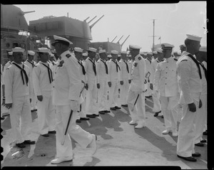 Officers inspecting ship's company during U.S.S. Boston change of command ceremonies at Charlestown Navy Yards