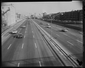 A view of cars driving on the Massachusetts Turnpike, Boston extension