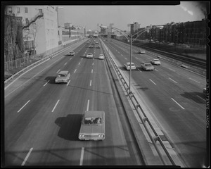 A view of cars driving on the Massachusetts Turnpike, Boston extension