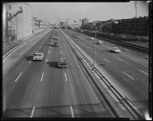 A view of cars driving on the Massachusetts Turnpike, Boston extension