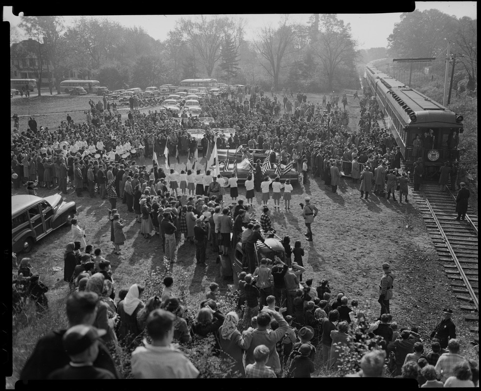 Large crowd gathering for the train carrying Thomas E. Dewey