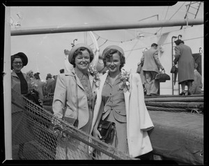 Two women on the ship deck of Cardinal Cushing's pilgrimage