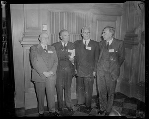 Patrick Kerwin, Chief Justice of Canada; Sir Raymond Evershed, Master of the Rolls, England; Chief Justice Warren; and Albert van der Sandt Centlivres, Chief Justice of South Africa stand together