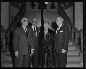 At formal opening of Hearst Alumni Lounge at BU School of Fine and Applied Arts were (l. to r.) Dean R. A. Choate BU School of Fine-Applied Arts; Harold G. Kern, general manager of Hearst Newspapers and trustee of the Foundation; Mrs. Kern, and Rev. Dr. Harold C. Case, BU President