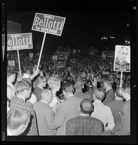 Rally crowd with signs for Lt. Gov. Bellotti governor race