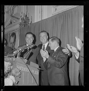 Sen. Edward Brooke and Gov. Volpe applaud GOP Vice Presidential Candidate Spiro Agnew's speech