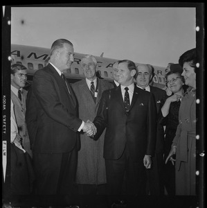 Gov. Volpe welcomes GOP Vice Presidential candidate Spiro Agnew as he lands in Boston while Leverett Saltonstall and others look on