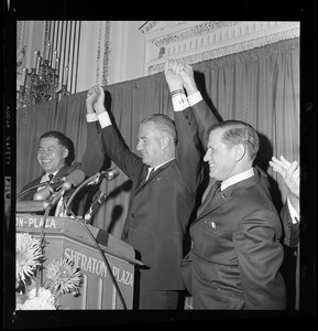 GOP Vice Presidential candidate Spiro Agnew, center, with Sen. Edward Brooke, left, and Gov. Volpe, right after Agnew addressed the crowd at Sheraton Plaza