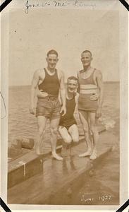 Albert T. Chase with two men identified as "Jones" and "Limie" at "the old swimming hole" at U.S. Marine base Quantico, VA