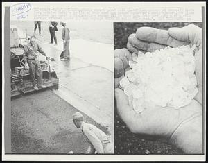 Toledo, Ohio: A street paved with glass? researchers at Owens-Illinois Inc. believe today's bottle of beer need not become tomorrow's empty eyesore. The glass producer has paved a 58-foot-long street (L) in this Lake Erie port city with a mixture of crushes glass (R) and asphalt which is calls "Glasphalt".