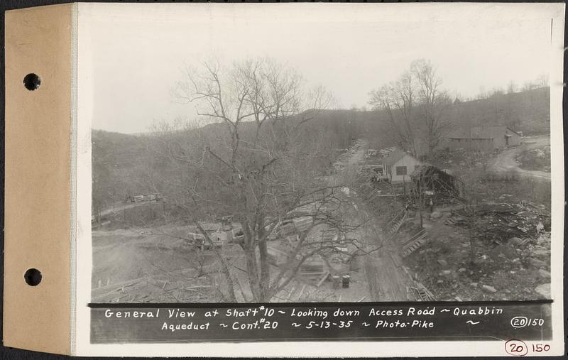 Contract No. 20, Coldbrook-Swift Tunnel, Barre, Hardwick, Greenwich, general view at Shaft 10, looking down Access Road, Quabbin Aqueduct, Hardwick, Mass., May 13, 1935