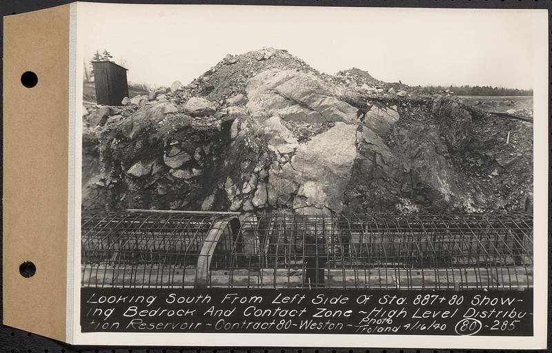 Contract No. 80, High Level Distribution Reservoir, Weston, looking south from left side of Sta. 887+80 showing bedrock and contact zone, high level distribution reservoir, Weston, Mass., Apr. 16, 1940