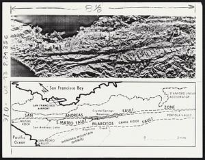 A topographical map, top, and line drawing map, bottom, of the San Andreas Fault, the San Mateo Fault and the Pilarcitos Fault