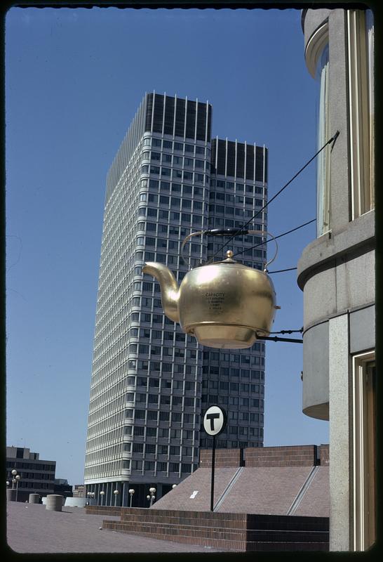 Giant tea kettle sign, Court and Tremont Streets, Government Center T