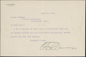 Letter from F.E. Warren, Cheyenne, WYO, to Darwin C. Pavey, Birmingham, Conn., 1889 April 2