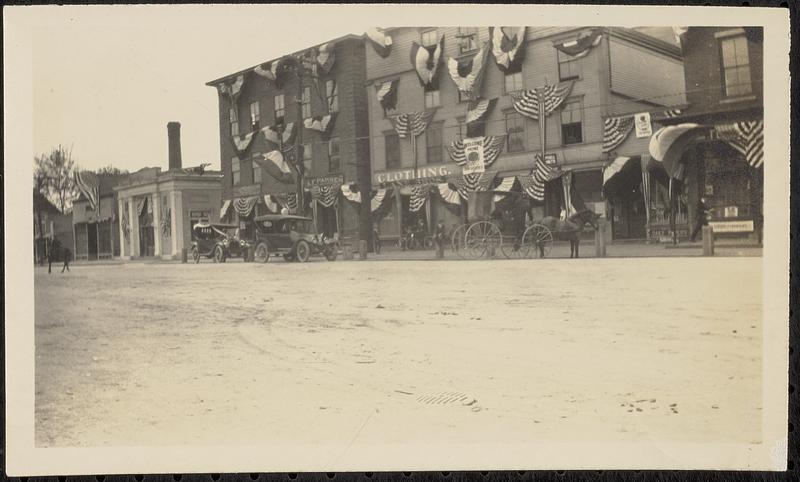 Railroad Square buildings decorated with patriotic bunting and flags