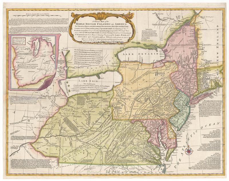 A general map of the Middle British Colonies in America viz. Virginia, Maryland, Delaware, Pensilvania, New-Jersey New York, Connecticut & Rhode Island. of Aquanishuonigy the country of the confederate Indians comprehending Aquanishuonigy proper, their places of residence, Ohio & Thuchsochruntie their deer hunting countries, Couchsachrage & Skaniadarade their beaver hunting countries, of the lakes Erie Ontario & Champlain wherein is also shown the antient & present seats of the Indian nations