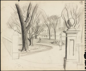 Sketch of the entrance to the Boston Public Garden, figure in the middle