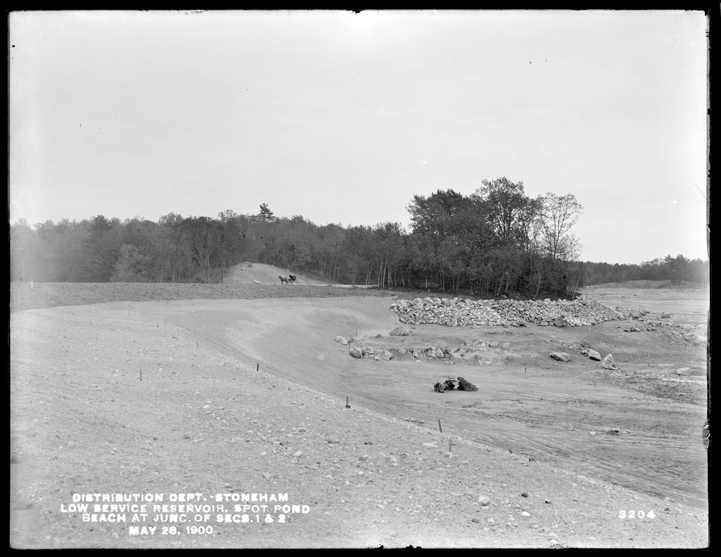 Distribution Department, Low Service Spot Pond Reservoir, beach at junction of Sections 1 and 2, Stoneham, Mass., May 28, 1900