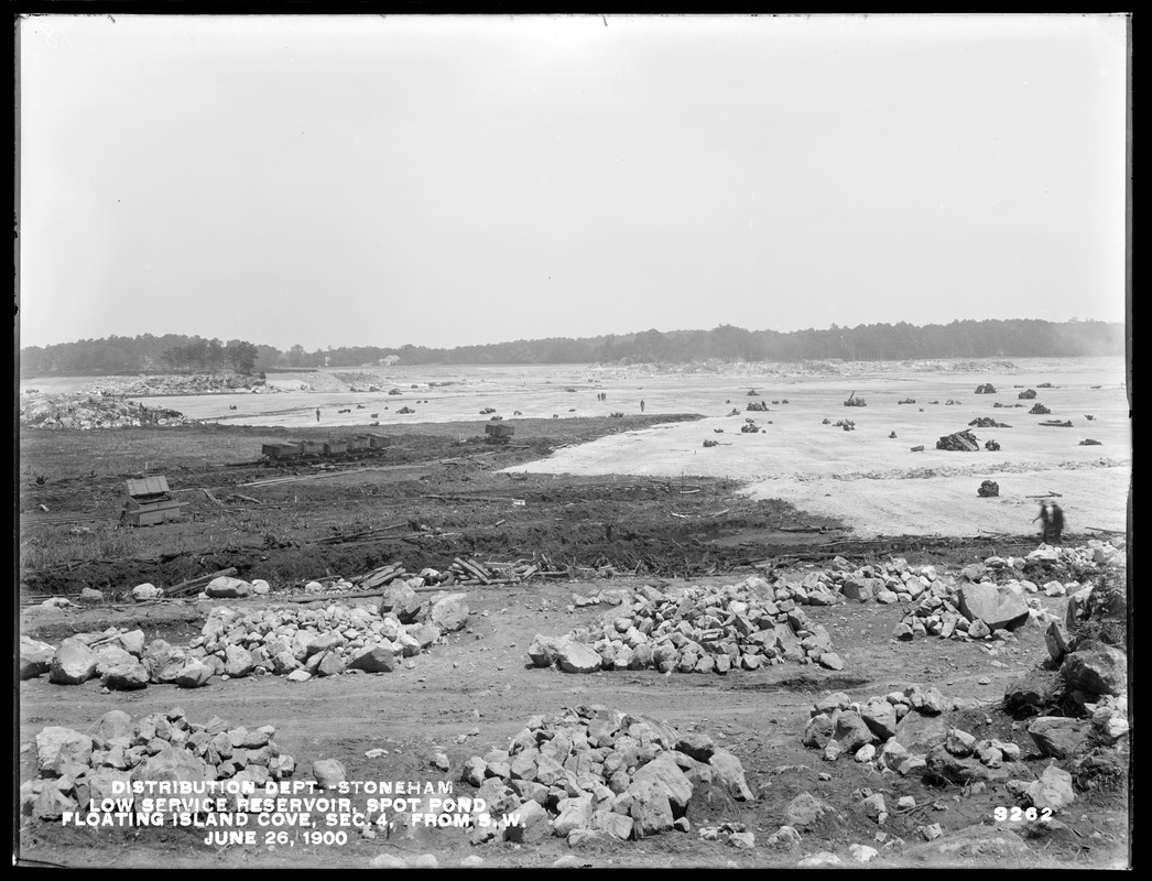 Distribution Department, Low Service Spot Pond Reservoir, Floating Island Cove, Section 4, from the southwest, Stoneham, Mass., Jun. 26, 1900