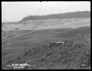 Wachusett Reservoir, preliminary grubbing, Section 6; stripped surface and material to be burned in distance, Boylston, Mass., Jun. 28, 1900