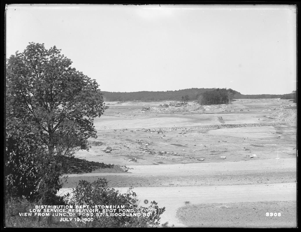 Distribution Department, Low Service Spot Pond Reservoir, view from junction of Woodland Road and Pond Street, Stoneham, Mass., Jul. 19, 1900