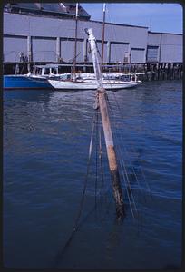 View of pole in water, Long Wharf in background, Boston