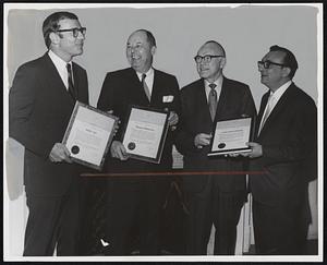Recipients of Plaques in behalf of their firms for sponsoring American Youth Performs concert yesterday were Winthrop Baker of WBZ-TV, Clarke Ferguson of American Airlines and Robert G. Hoye of Jordan Marsh. The presentation was made by Charles Abdoo, founder and director of AYP.