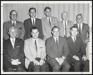 Dodge Dealers Assoc. elect officers. Front row from left are; Roberts A. McMillan, N.E. Regional Manager, Herb. Abramson, president, Gale Wisbach, secretary, Paul Gifford, ass’t Regional Manager., Rear row left to right; Wilbur Hawkins, Sidney Goldberg, Wallie Fleming, Charles Cargill, Joseph DeMelia, all directors.