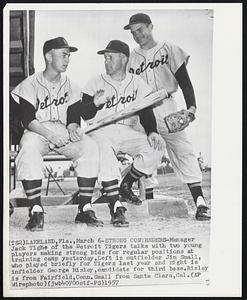 Strong Contenders - Manager Jack Tighe of the Detroit Tigers talks with two young players making strong bids for regular positions at training camp yesterday. Left is outfielder Jim Small, who played briefly for Tigers last year and right is infielder George Risley, candidate for third base. Risley is from Fairfield, Conn. Small from Santa Clara, Cal.