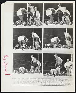 The Left Puts Him and Down and Out--Heavyweight champion Rocky Marciano cocks his left and drives it to the head of Ezzard Charles who sags under the force of the blow and slumps to canvas to be counted out in eight round of title bout at Yankee Stadium last night. Referee is Al Berl. Pictures were made at ringside by a new 70mm sequence
