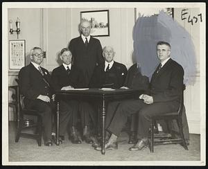 Five original staff members of the Faulkner Hospital, Jamaica Plain. Left to right,sitting–Dr.John S.H. Leard,Dr.William H.Howell,Dr.Arthur N.Broughton, Dr. Franklin G.Balch,Dr.Edward L.Young,Jr., Left to right,standing Andrew J.peters,president of the hospital, and Dr.Henry Jackson.
