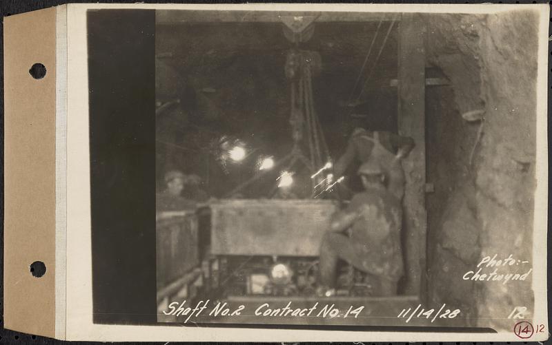 Contract No. 14, East Portion, Wachusett-Coldbrook Tunnel, West Boylston, Holden, Rutland, changing battery in tunnel at Shaft 2, Holden, Mass., Nov. 14, 1928