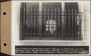 Contract No. 84, Superstructure (Head House) , Shaft 4 of Southborough Tunnel, Pressure Aqueduct, Section 2, Southborough, view showing bronze window grille in position after correction by silver soldering, headhouse at Shaft 4, Southborough, Mass., Jul. 11, 1941