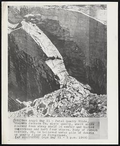 Fatal Quarry Slide. Stephen Jackson Co. slate quarry, where slide coursed down steep shelf in center and buried one workman and hurt four others. Body of Joseph Heatter, 34, is believed under pile of debris on quarry floor in foreground.